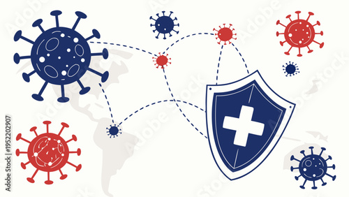A vector graphic illustration of a medical shield protecting against coronavirus molecules