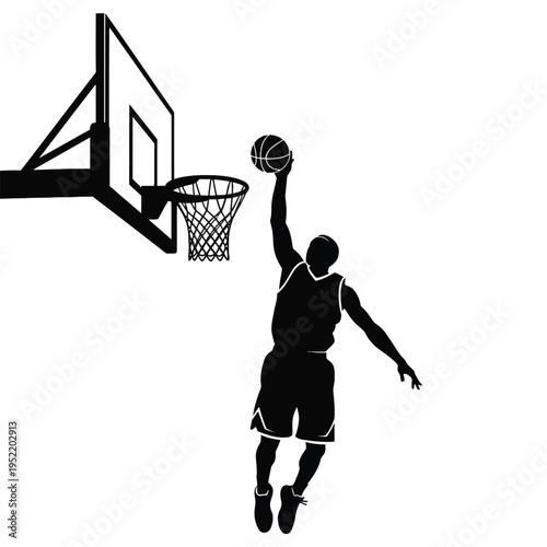 Basketball Player Dunking Ball into Hoop Silhouette Illustration