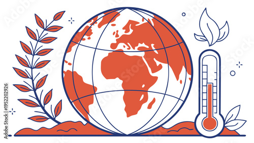 A vector graphic illustration of a globe with a thermometer and leaves, symbolizing global warming and climate change.