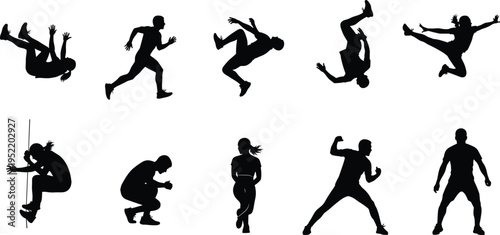 Black silhouette set of athletes doing parkour jumping running backflip and extreme sports stunts isolated on a white background vector