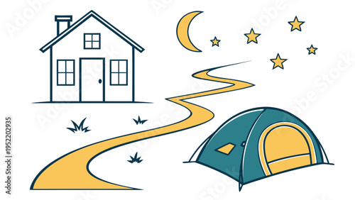 A whimsical vector illustration of a house and a tent connected by a winding path under a starry night sky