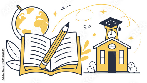 A colorful vector illustration of a school building with a graduation cap, globe, and open book, symbolizing education and learning.