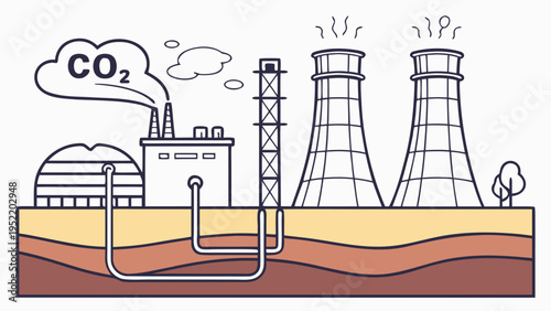 A vector graphic illustration of a carbon capture and storage system at an industrial power plant facility
