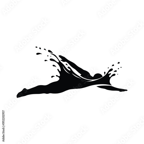 Silhouette runner sprinting through dynamic ink splash on white background minimalist motion energy concept
