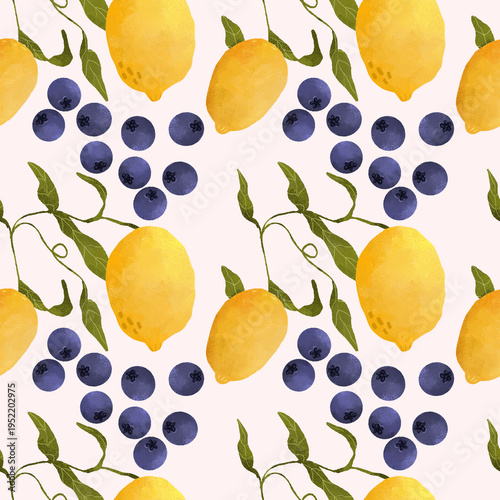 Watercolor Seamless Pattern of Lemons and Blueberries, great for kitchen textile design and organic food packaging