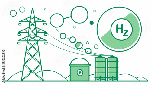 A green vector graphic illustration of a power transmission tower with energy storage containers and frequency symbols