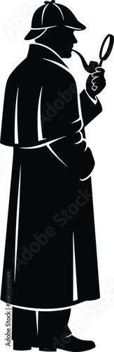 Black Silhouette of a Classic Detective in a Trench Coat and Deerstalker Hat Smoking a Pipe and Using a Magnifying Glass
