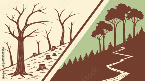A vector graphic illustration comparing deforestation and reforestation with a split design