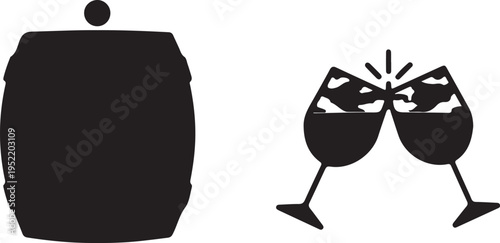 Wooden Barrel and Clinking Wine Glasses Icon Isolated on white background