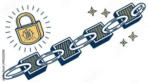 A vector graphic illustration of a bitcoin symbol locked with a padlock and chained, representing secure cryptocurrency transactions.