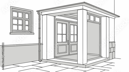 A minimalist line art illustration of a covered porch with a tiled floor and a wall with a window