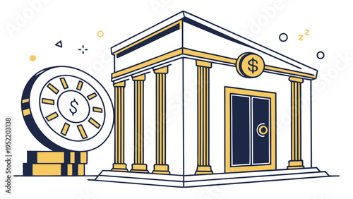 A vector graphic illustration of a bank building with a large coin and dollar sign