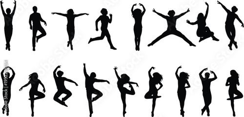 Black silhouette set of dancers performing ballet modern jazz and contemporary dance moves isolated on a white background vector illustration