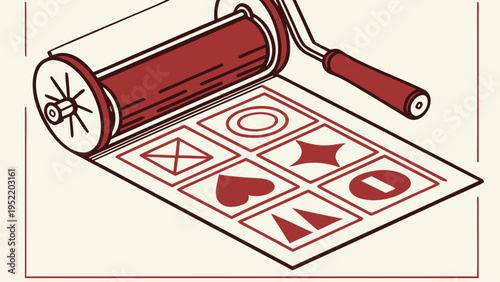 A vector graphic illustration of a paint roller stamping playing card suits onto a sheet of paper with a red and white design.