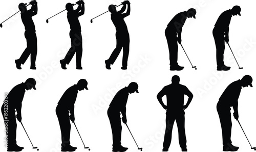 Black silhouette set of male golfer swinging club hitting ball and putting in different poses isolated on white background vector