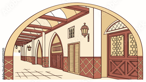A vector graphic illustration of a Spanish-style courtyard with arches and doors