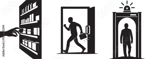 Shoplifter Stealing Items From Shelf Running Through Door And Passing Through Security Gate Isolated on white background