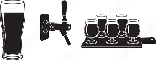 Beer Tap and Tasting Glasses Set Icon Vector Silhouette Isolated on white background