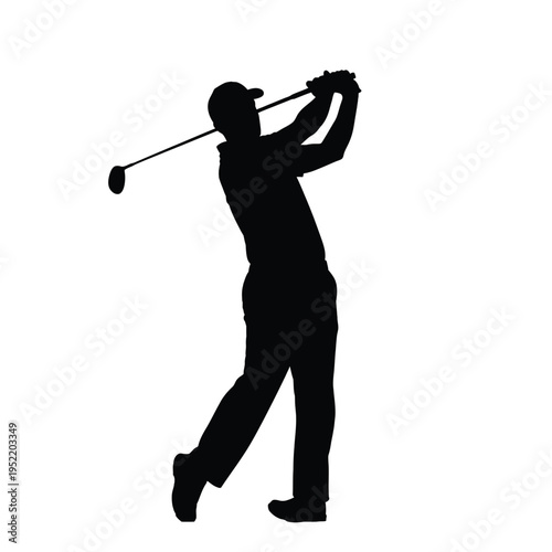 Golfer silhouette swinging club at sunset on green course with dramatic backlight minimalist black and white