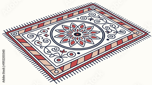 A colorful, ornate, and intricately designed floral rug with a white background and red accents, featuring a beautiful flower pattern.