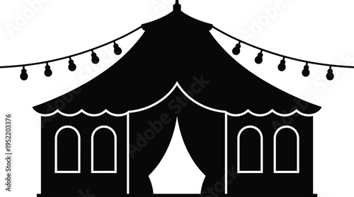 Festive event tent with hanging string lights, outdoor celebration pavilion, party venue structure, monochrome vector illustration, decorative festival design element