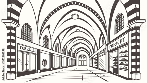 A black and white vector illustration of a large, empty marketplace with arched ceilings and shops.