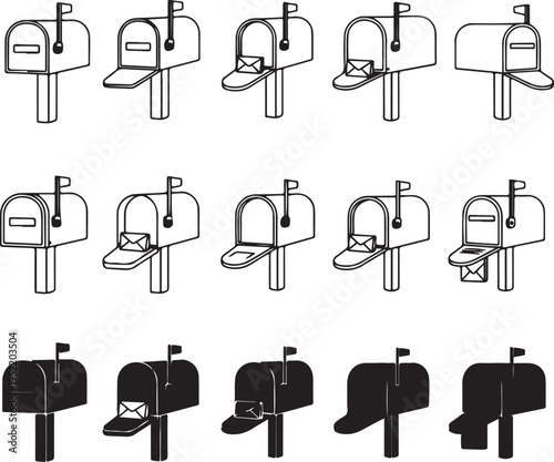 Collection of black and white line and silhouette of mailboxes with and without envelopes post delivery