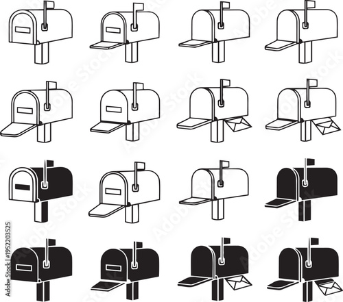 Collection of black and white mailbox showing different states and actions postal delivery communication