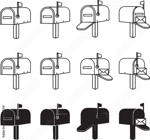 Collection of black and white mailbox showing different states and an envelope post box letter