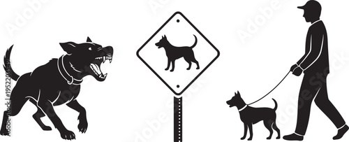 Aggressive Dog Encounter and Leashed Dog with Owner Sign Isolated on white background