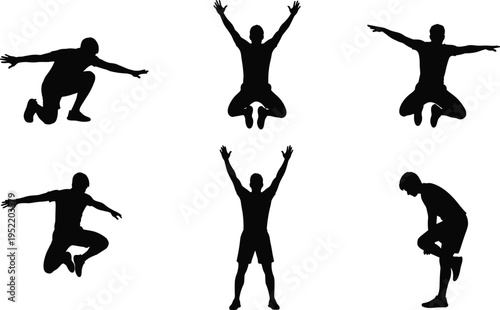 Black silhouettes of athletic man performing jumping jacks, parkour leaps, stretching exercises and dynamic fitness poses on isolated white background.