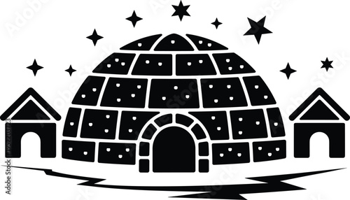 Igloo house with snow blocks under starry night sky, winter landscape shelter, Arctic dwelling, monochrome vector illustration design element