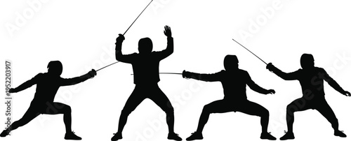 Black silhouettes of professional fencing athletes in various combat stances, lunges, and attack poses with swords on isolated white background.