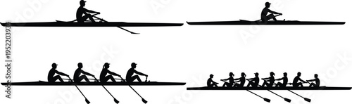 Black silhouettes of rowing teams and solo scullers competing in boats with oars on isolated white background for sports design.