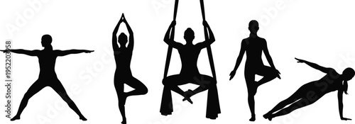 Black silhouettes of women practicing yoga poses aerial silks and pilates exercises isolated on white background for wellness and fitness designs