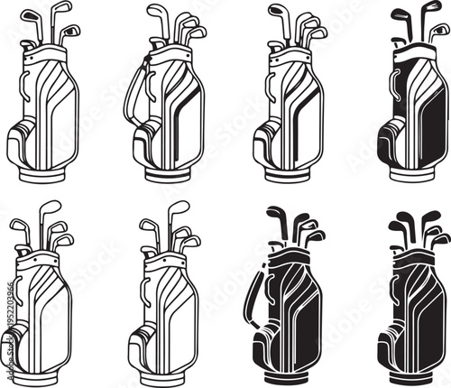 Eight golf bags with clubs in line and silhouette styles golf clubs sports equipment sports gear golf accessories