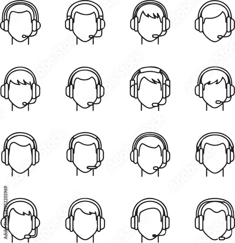 Collection of sixteen black and white outline of human heads wearing headphones with microphones person