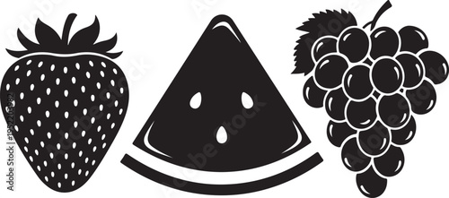 Strawberry Watermelon Slice Grapes Icon with Seeds and Leaves Isolated on White Background