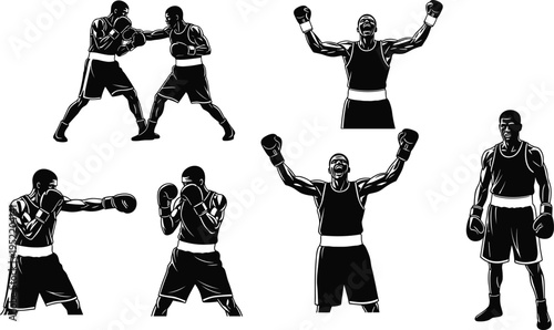 Boxing Silhouette Set Featuring Male Athletes Fighting Punching Winning and Celebrat