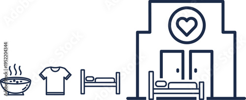 Charitable Homeless Shelter Icon Set Featuring Soup Bowl Clothing and Bed Symbols for Humanitarian Aid Poverty Relief and Community Support