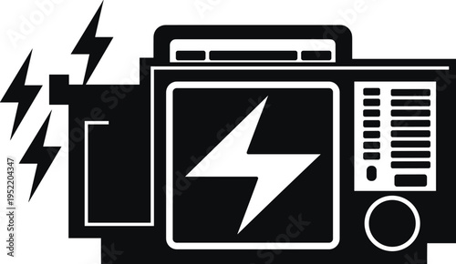 Portable power generator with electric energy symbol, backup electricity equipment, emergency power supply device, monochrome vector illustration, industrial technology icon