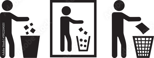 Three black silhouette of people throwing trash into bins garbage disposal waste