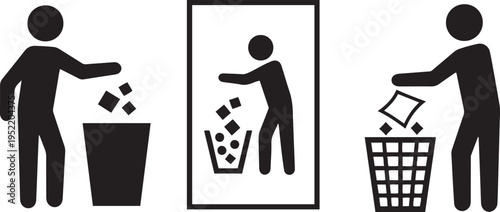 Three black silhouette of people throwing trash into bins garbage waste 1 disposal