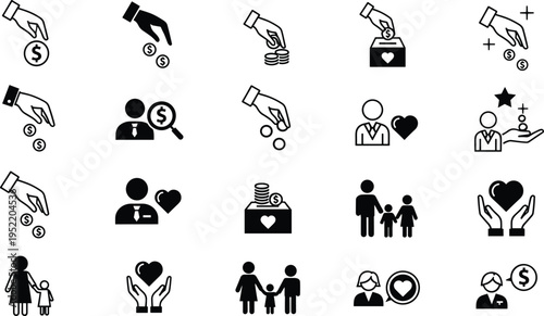 Charity and Financial Donation Solid Icon Set Featuring Hands Giving Money Heart Symbols Family Support Philanthropy and Humanitarian Aid Vector IllustrationCharity and Financial Donation Solid Icon 