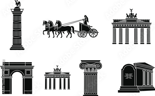 Collection of Ancient Greek and Roman Architecture Silhouettes Including Columns Chariot Triumphal Arch and Classical Monuments for Historical Graphic Design