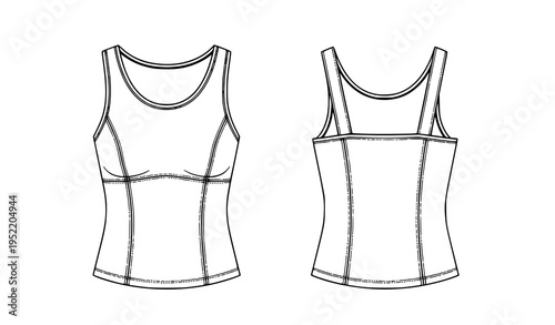 Women’s strappy tank top vector sketch front and back views minimal fashion template