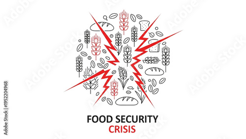 Food Security Crisis Illustration – Wheat and Grain Icons Intersected by Conflict Lines, Global Agriculture Disruption Concept