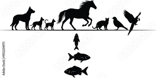 Collection of Animal Silhouettes Including Horse Dog Cat Bird and Fish for Veterinary Nature Wildlife and Pet Store Vector Design