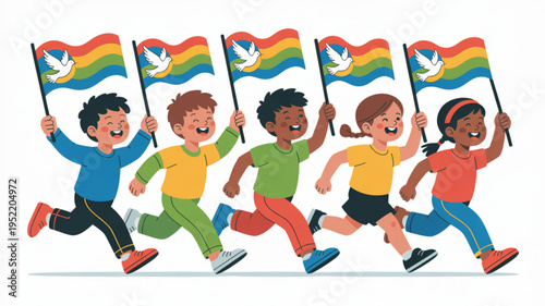 Diverse children running with rainbow flags and white doves symbolizing peace and unity in a vibrant illustration