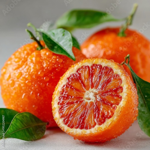 Fresh sliced blood orange and whole citrus fruit with dew drops on neutral background